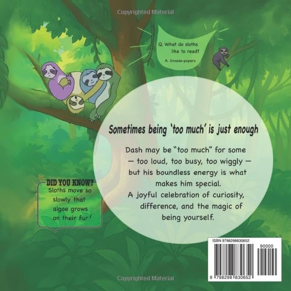 Dash The Hyperactive Sloth children’s book cover with green jungle background.