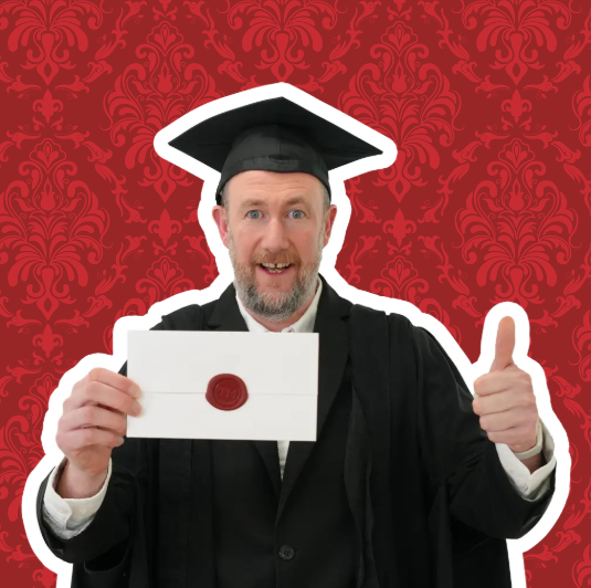 Graduate holding diploma celebrating Taskmaster Education partnership.